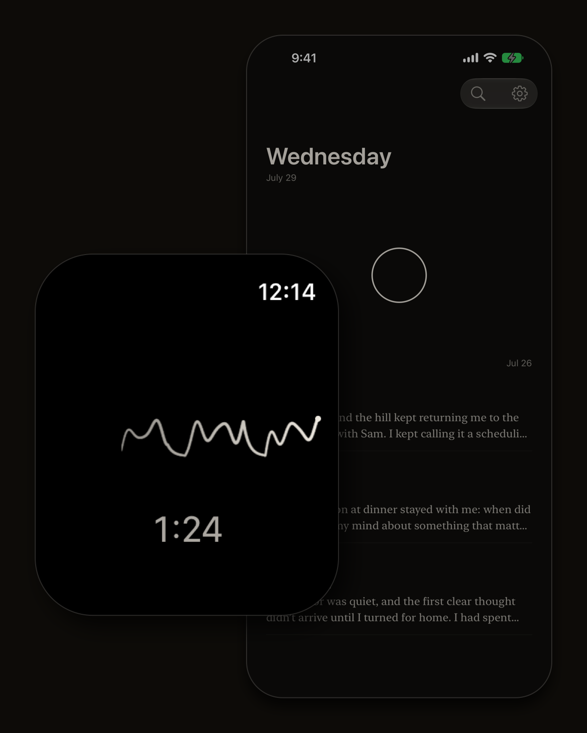 Fieldnote recording on Apple Watch beside a private journal timeline on iPhone.